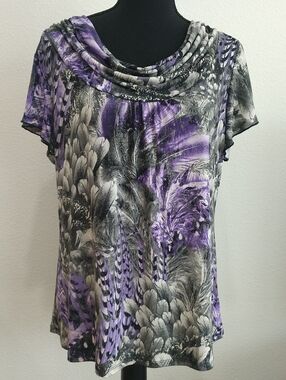 Dress Barn Purple and Gray Feather-Print Short Sleeve Cowl Top